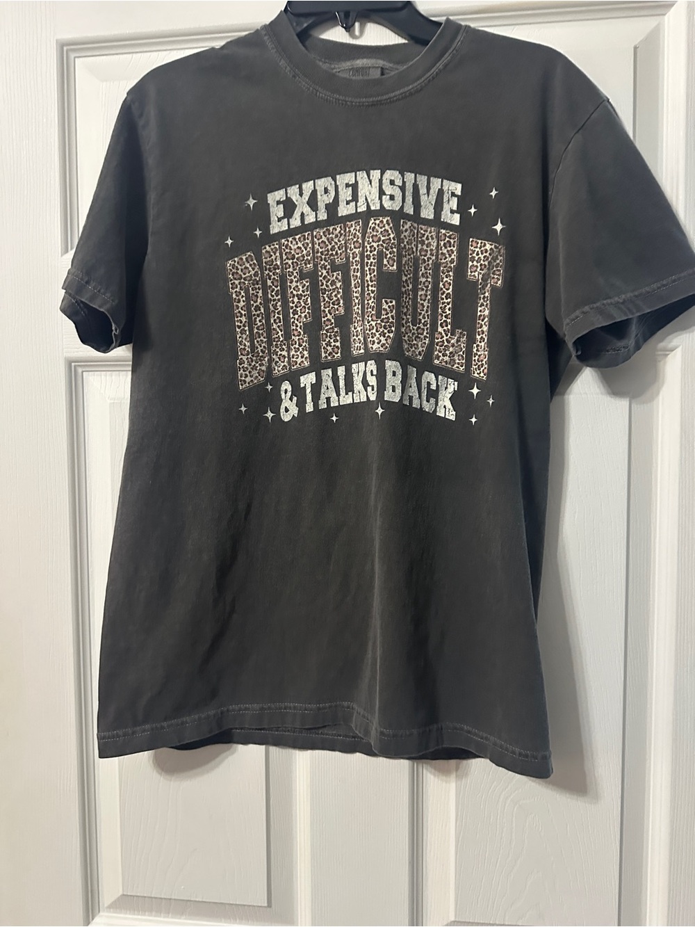 Expensive Difficult & Talks Back Graphic Tee - Charcoal with Leopard Print
